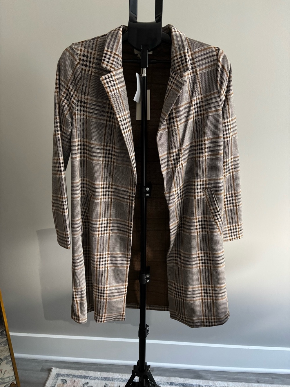 MELLODAY Plaid Open-Front Blazer in Brown & Cream